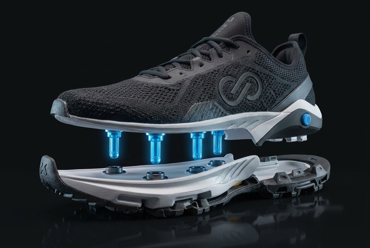Cutaway of the SoleShift sole showing the blue locking connectors
