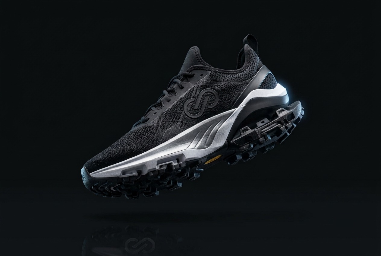 The SoleShift shoe, black upper with a silver midsole