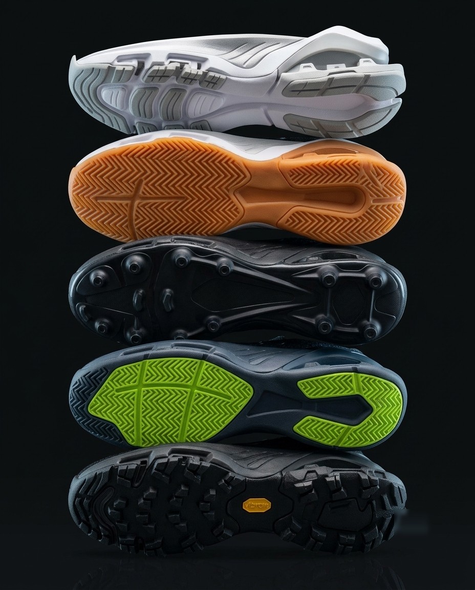 The five SoleShift soles: running, basketball, football, tennis, hiking